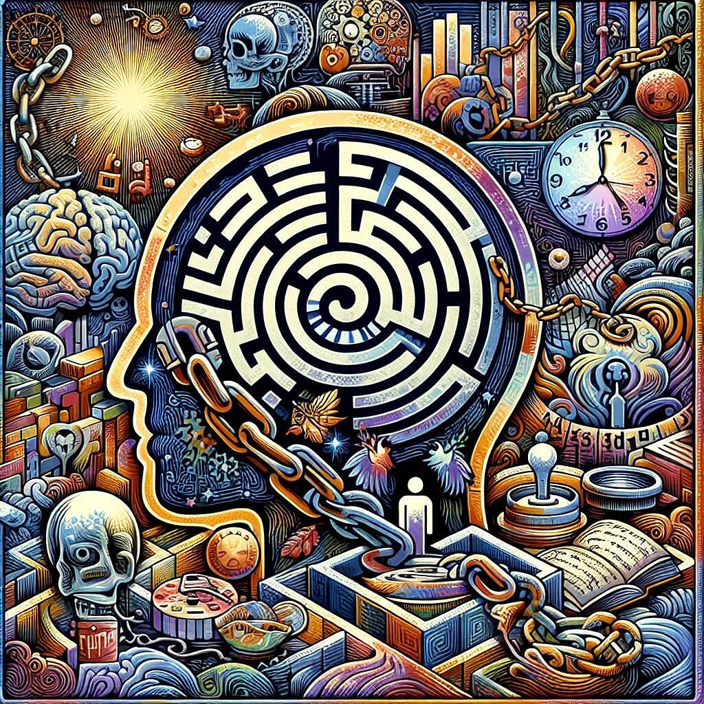 Surreal illustration of a human head with a maze inside, surrounded by various symbols representing addiction, time, and recovery|Diverse group of young adults engaged in an intimate addiction therapy session, sharing experiences and offering support in a bright, welcoming environment|Illustration of a brain-shaped maze with a small figure inside, representing the complex journey through addiction psychology and recovery