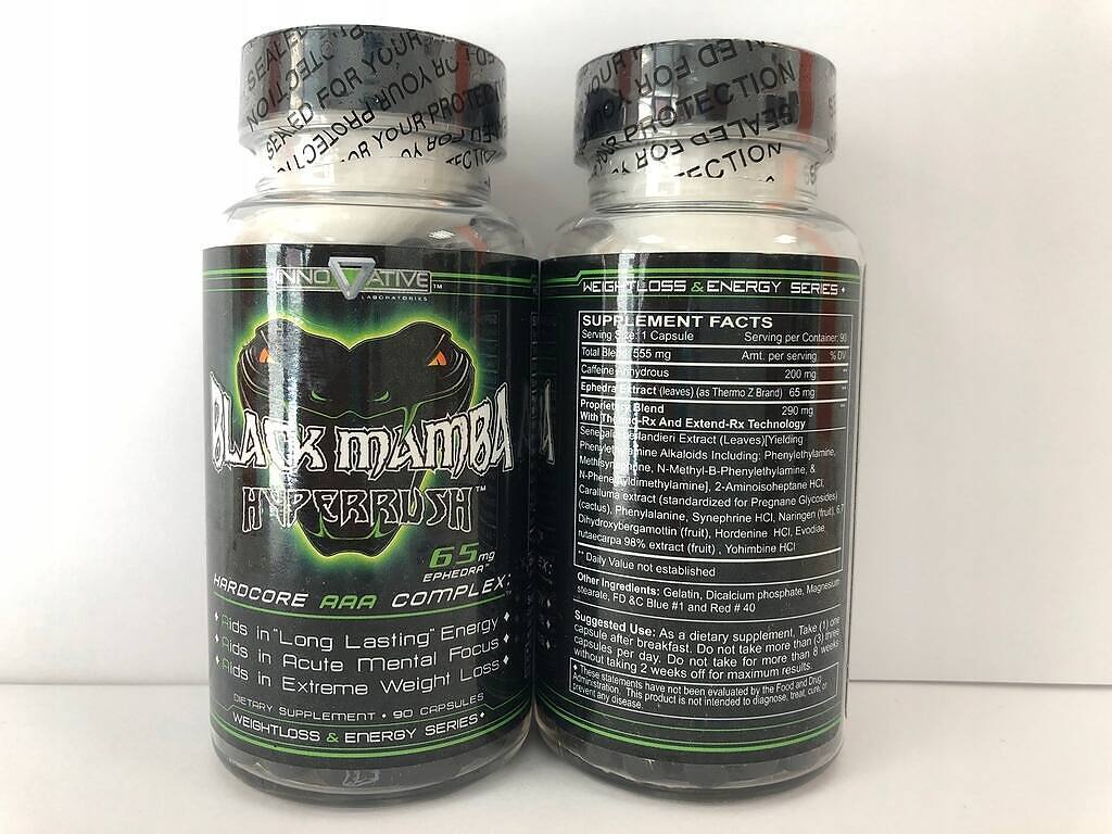 Two bottles of Black Mamba Hyper Rush weight loss and energy supplement pills, showing front label and supplement facts|Macro photograph of purple and green cannabis buds with visible trichomes|Two bottles of Black Mamba Hyper Rush weight loss and energy supplement, showing front label with snake imagery and back label with ingredient list and warnings