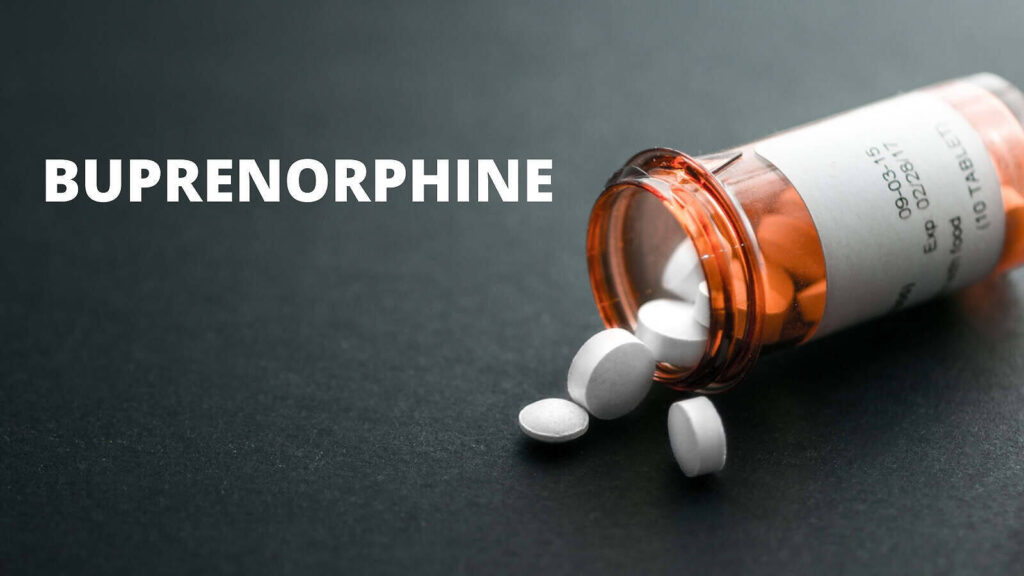 Orange prescription bottle spilling white Buprenorphine tablets on dark surface, with 'BUPRENORPHINE' text overlay|Prescription bottle of Buprenorphine pills spilled on dark surface with text overlay 'Buprenorphine for Opioid Treatment', illustrating medication options for addiction recovery|Infographic explaining Subutex (Buprenorphine): active ingredient, tablet form, duration of effects, and common side effects including depression, insomnia, and nausea||Hand holding a blister pack of Subutex (Buprenorphine) pills next to two medication boxes showing 2mg and 8mg dosages, illustrating treatment options for opioid addiction