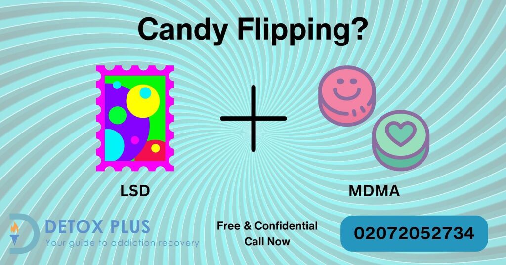 Infographic showing LSD and MDMA symbols with 'Candy Flipping?' text, warning about drug combination risks|Illustrative diagram showing side effects of Candy Flipping: Mood Swings, Hallucinations, Paranoia with contact information for Detox Plus