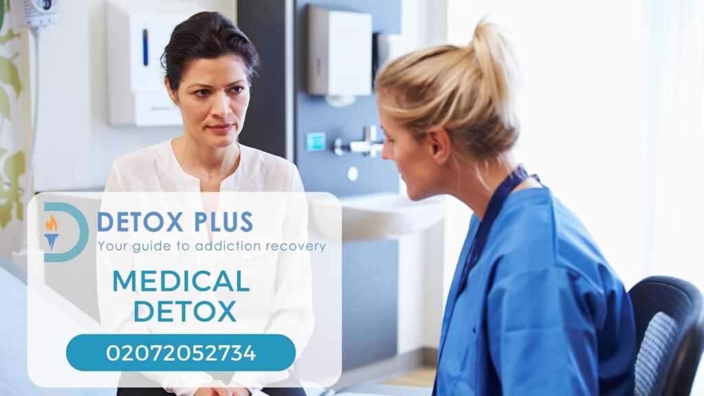 Doctor and nurse discussing medical detox treatment in a clinical setting with Detox Plus logo and contact information|Infographic detailing six symptoms of delirium tremens including tremors, hallucinations, confusion, heart problems, coma, and death, with an illustration of a shaking person|Infographic comparing Delirium Tremens (DT) and Alcoholic Hallucinosis (AH), highlighting differences in symptoms, onset times, and characteristics during alcohol withdrawal