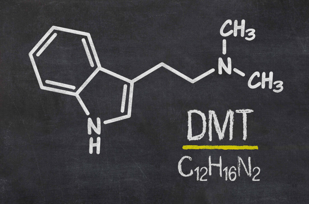 Chemical structure of DMT (Dimethyltryptamine) drawn in chalk on a blackboard, showing molecular formula C12H16N2|Colorful visualization of neural networks with glowing neurons and synapses in blue and purple hues, representing potential effects of DMT on brain connectivity|Red clock face showing 45 minutes, representing timed therapy or treatment sessions in addiction recovery programs|Cartoon-style yellow sticky note with purple outline on green background, reading "Reminder: Are you dreaming?" emphasizing self-awareness in addiction recovery|Close-up of a small glass vial containing yellow DMT powder held between fingers, with a tiled background