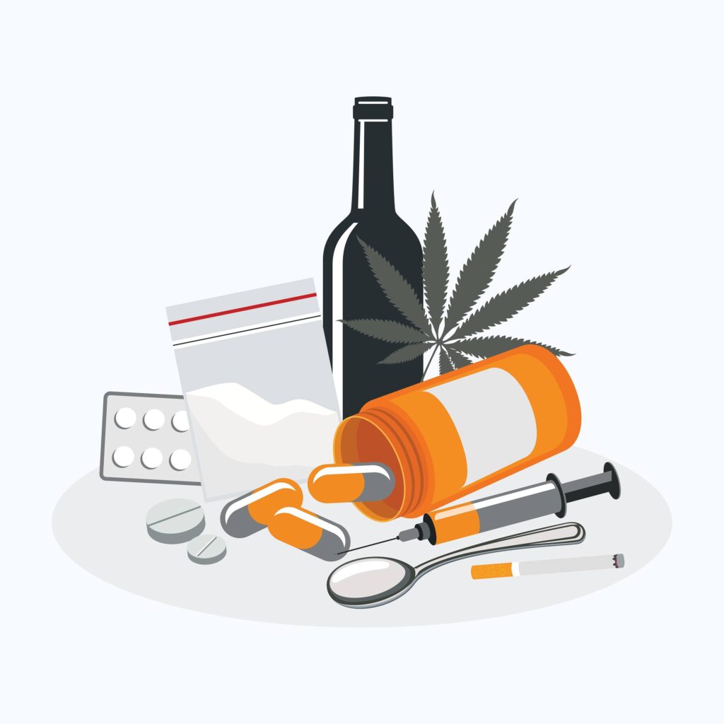 Drawing of black bottle of antibiotic pills with cocaine bag and crack spoon|