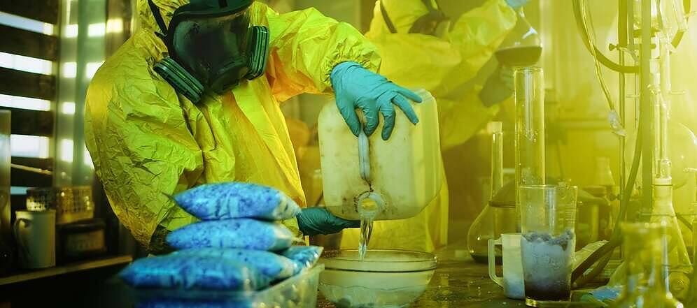 Chemists in yellow hazmat suit handling dangerous chemicals in a makeshift laboratory setting||The word "METH" spelled out in grungy metal letters on a distressed wooden background, emphasizing the harsh reality of methamphetamine addiction|Macro photograph of crystal meth shards showing translucent, jagged crystalline structures against a black background|Vibrant pink neural network illustration showing interconnected neurons and synapses, representing the brain's complex structure affected by substance abuse|Infographic showing how long meth stays in your system for different drug tests: saliva (3 days), hair (90 days), and urine (3-5 days). Includes note about false positives from Zantac and Vick's Inhaler.