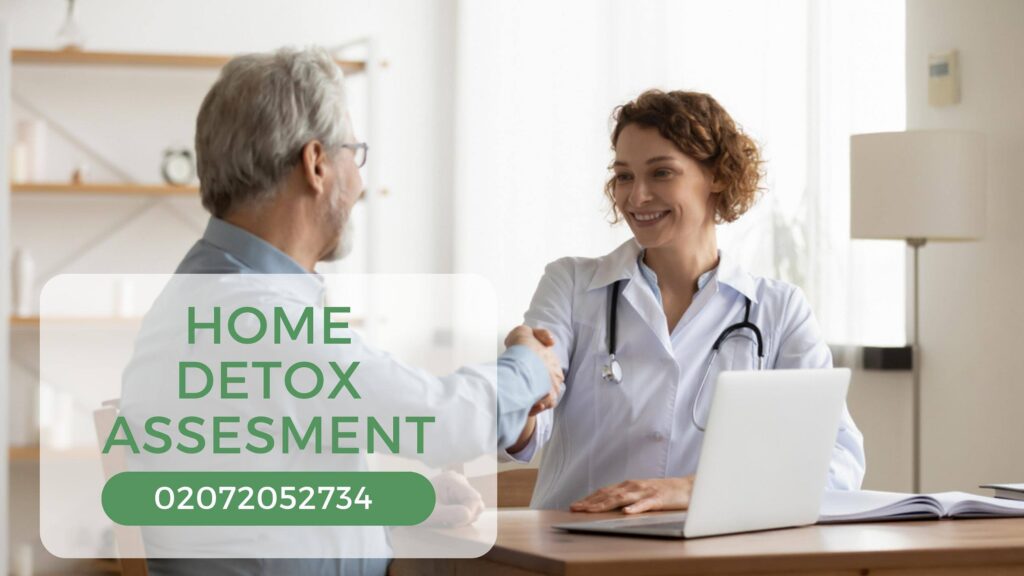 Doctor assessing a patient for a home alcohol detox text overlay saying home detox assessment and phone number|Bright, clean living room featuring white furniture, wooden floors, and decorative plants in grey planters||Close-up of two people's hands clasped together in a supportive gesture, symbolizing care and understanding in addiction treatment|Young woman in casual clothing sitting on a white couch, engaged in a therapy session with a counselor visible in the foreground, depicting a supportive addiction recovery environment|Female therapist taking notes while attentively listening to a client seated on a green couch during a counseling session|Close-up of a healthcare professional taking notes during a consultation, with a patient sitting in the background|Two men in professional attire discussing documents and viewing a tablet, representing a consultation for home alcohol detox