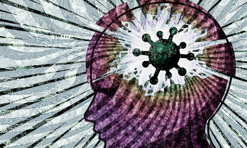 Illustration showing a purple human head profile with a green virus particle inside, representing mental health effects of pandemic stress|Close-up of oxycodone prescription bottle with pills scattered around, alongside a COVID-19 positive test tube, illustrating the intersection of the opioid epidemic and coronavirus pandemic