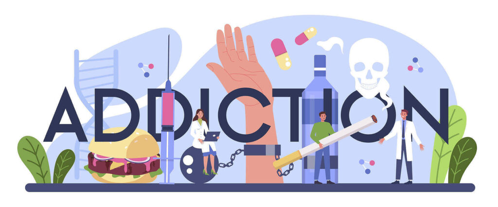 Illustration depicting various addictive substances including alcohol, pills, cigarettes, and junk food, with medical professionals and addiction symbolism|Illustration showing a purple human head profile with a green virus particle inside, representing mental health effects of pandemic stress|Triple image of a woman showing different emotional states - calm, neutral, and distressed - representing the mood swings and psychological impacts of cocaine use