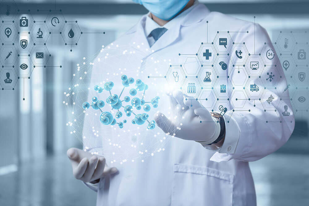 Doctor using holographic display of molecules, showcasing NAD therapy applications in medical science|Close-up of an IV drip with a clear liquid, possibly glutathione, against a blue and pink blurred background in a medical setting|Middle-aged man with grey hair holding a glass of alcohol, looking distressed and covering his face with his hand, illustrating alcohol dependency