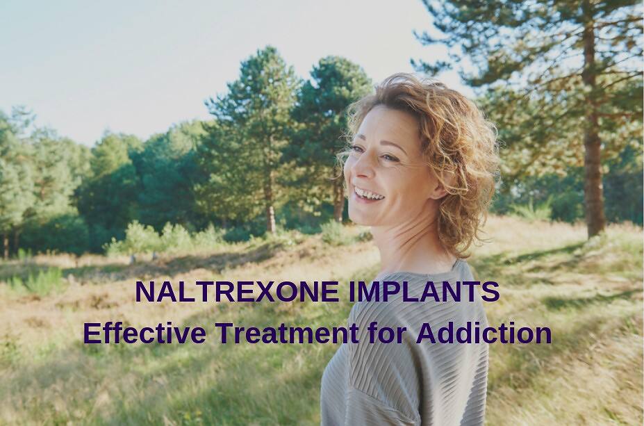 Smiling woman in nature with text overlay about Naltrexone implants as effective addiction treatment||hand in rubber gloves holding a naltrexone implant.