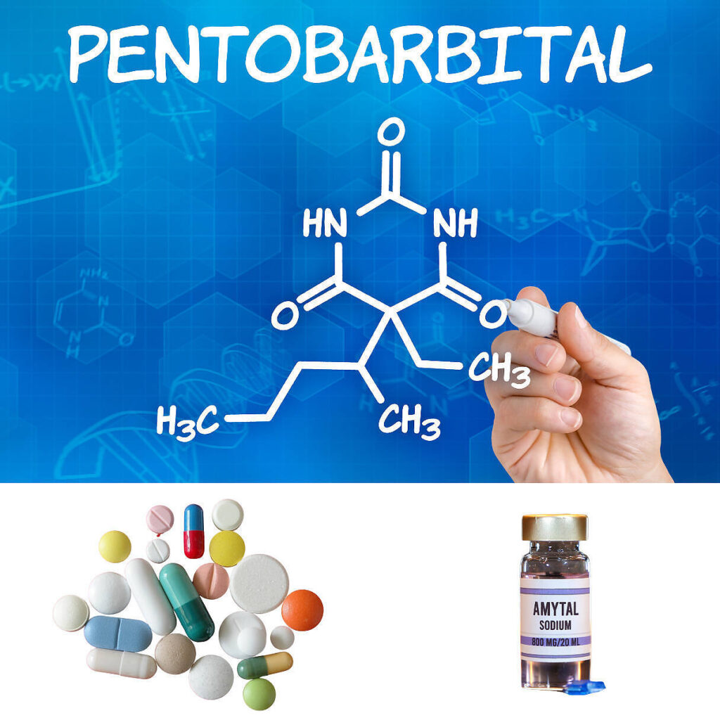 Composite image showing Pentobarbital chemical structure on blue background, assorted pharmaceutical pills, and Amytal Sodium vial, illustrating different forms of barbiturates|Composite image showing three barbiturates: Pentobarbital in an IV bag, Sodium Thiopental vial with syringe, and Amytal Sodium bottle, illustrating their medical forms and potential for misuse