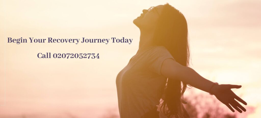 Silhouette of woman with arms outstretched against sunset, text reads 'Begin Your Recovery Journey Today Call 02072052734|Silhouette of a woman with arms outstretched against a sunset sky, with text "Begin Your Recovery Journey Today" and a phone number for addiction treatment support|Abstract double exposure image of a man's profile blended with a misty forest landscape, symbolizing inner reflection and mental clarity in addiction recovery
