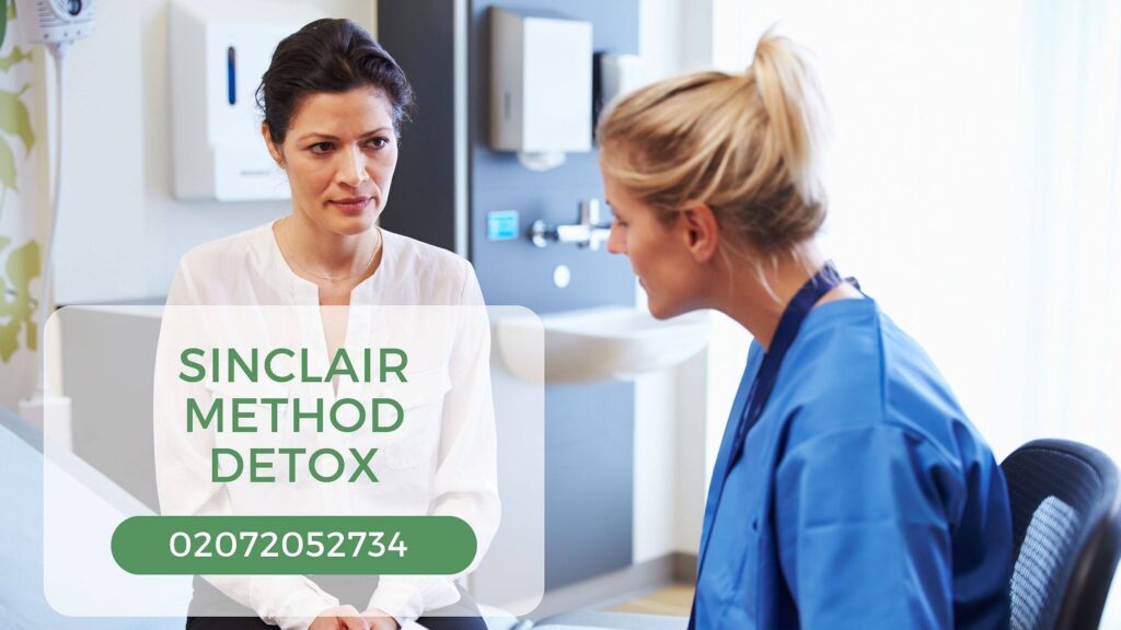 Patient discussing Sinclair Method detox with healthcare provider in clinical setting, phone number displayed|Infographic showing 6 steps of the Sinclair Method for alcohol addiction treatment, including consultation, doctor assessment, Naltrexone prescription, and gradual reduction in alcohol consumption