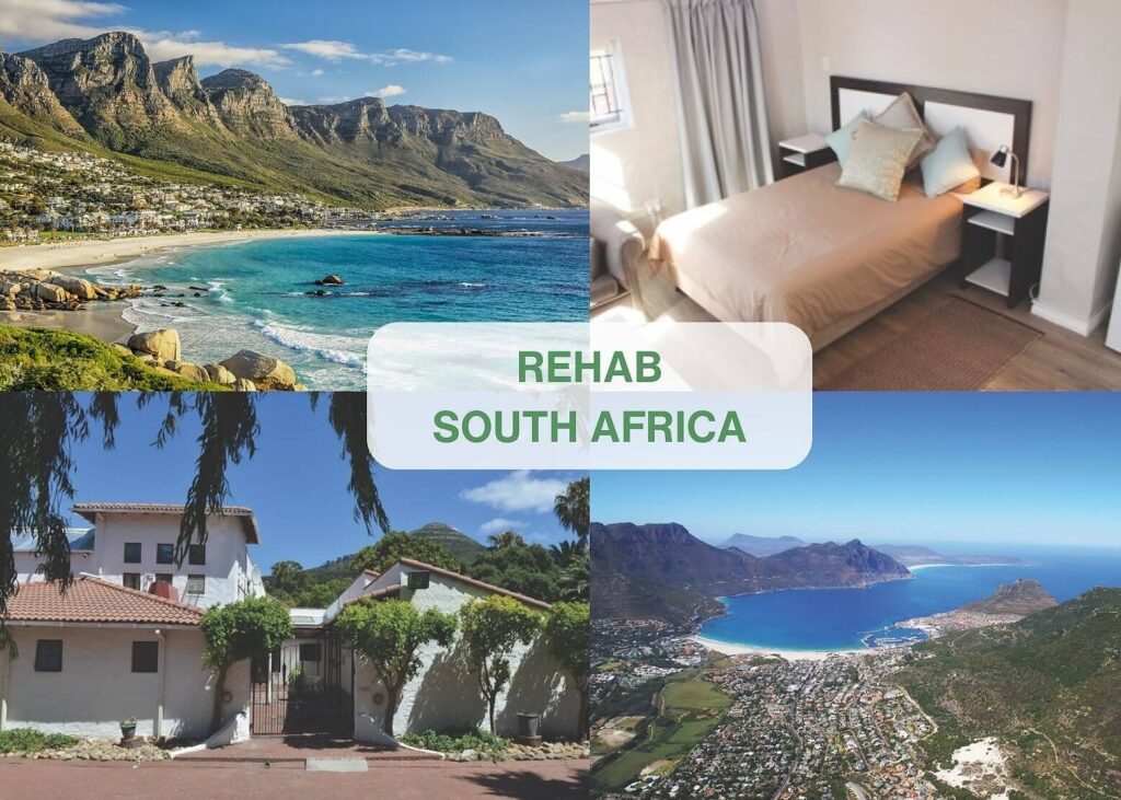 Collage of South African rehab facilities showing scenic coastal views, comfortable bedroom, and luxurious treatment center exterior|Panoramic view of Camps Bay in Cape Town, South Africa, showing turquoise ocean, white sand beach, and the Twelve Apostles mountain range, with coastal homes nestled at the foot of the mountains|Woman resting peacefully in bed during home alcohol detox, with medication and water on bedside table